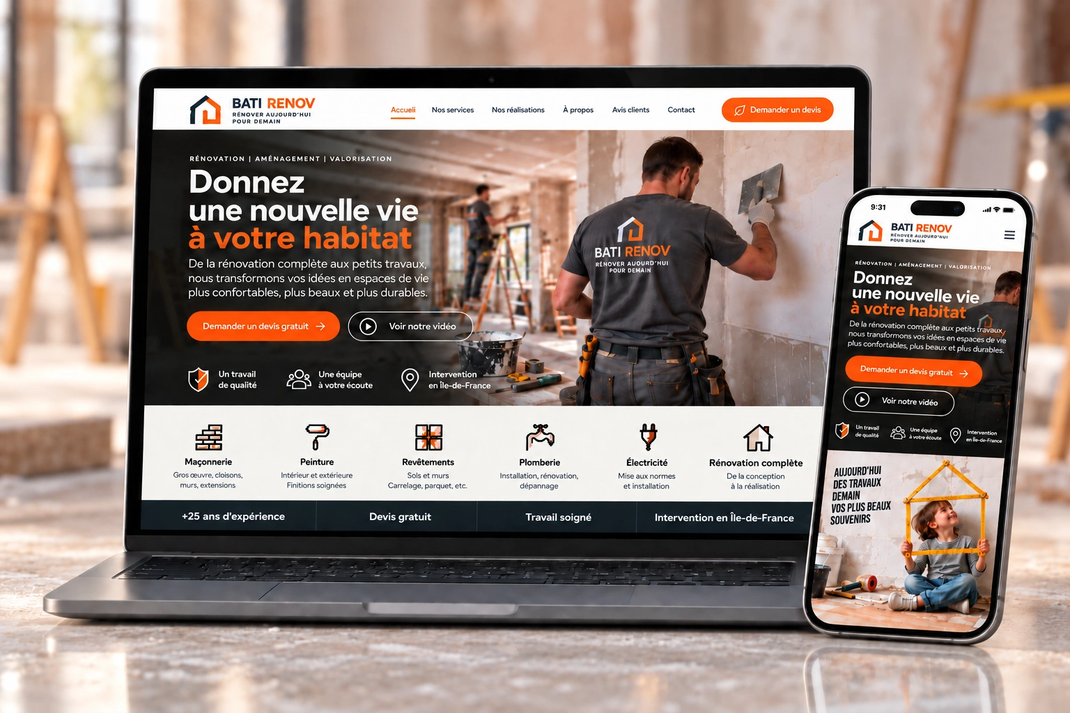 Présentation responsive du site Bati Rénov sur ordinateur et smartphone