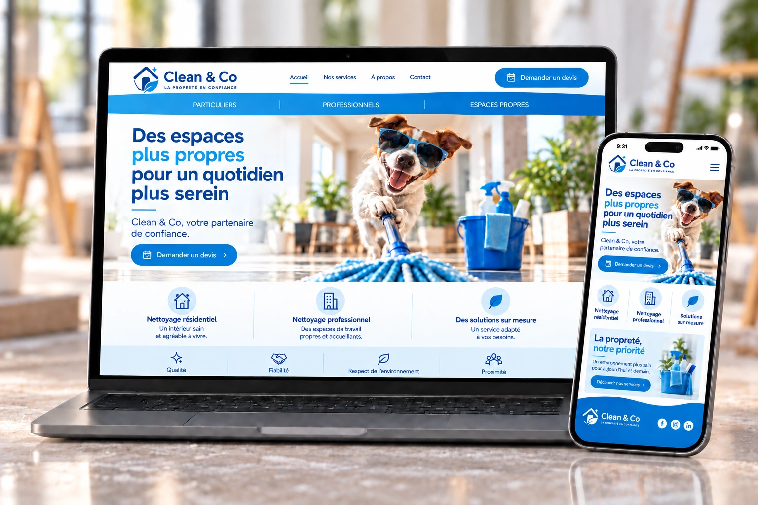 Présentation responsive du site Clean & Co sur ordinateur et smartphone
