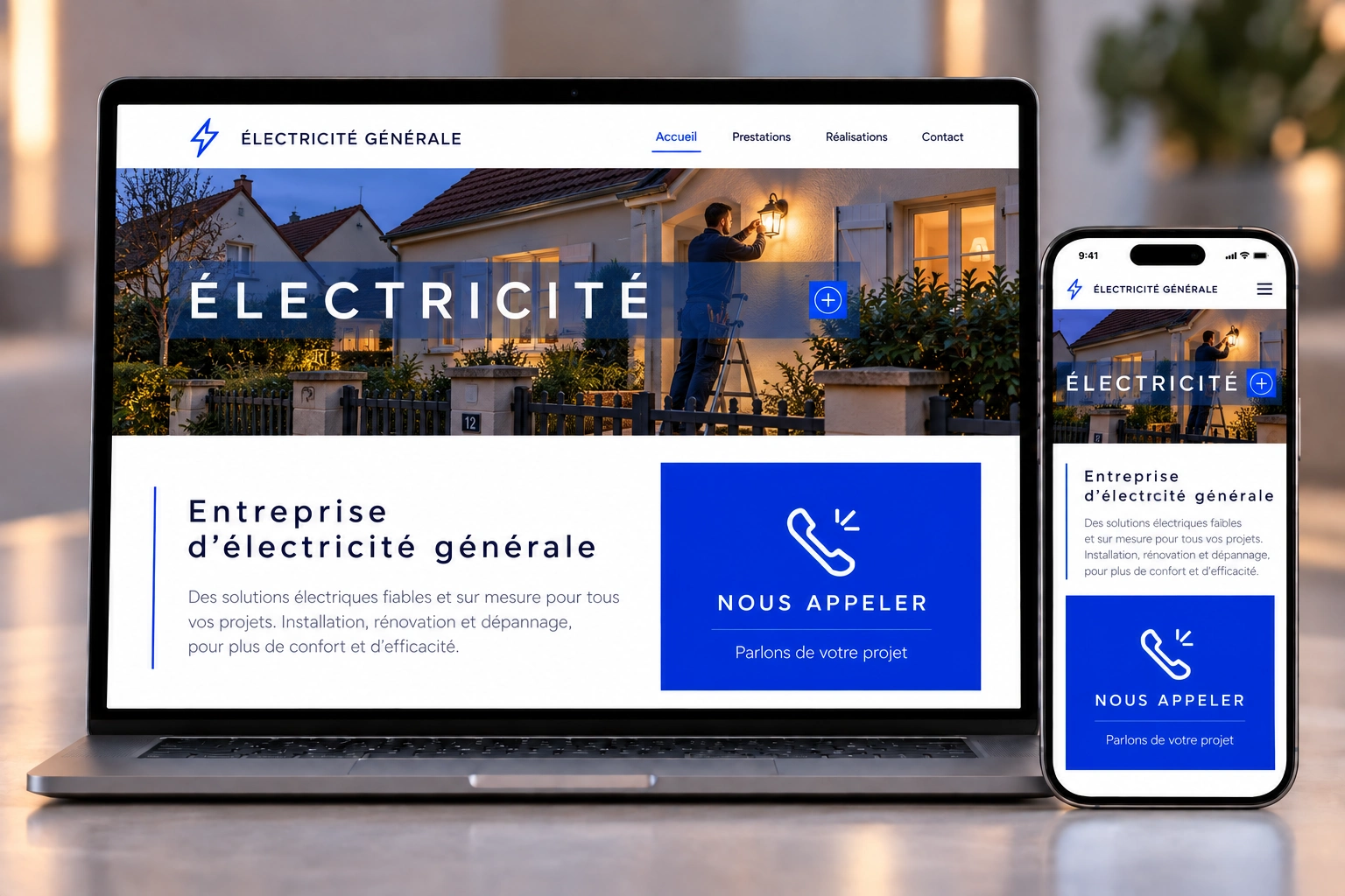 Maquette de démonstration d’un site d’électricien présentée sur ordinateur et smartphone