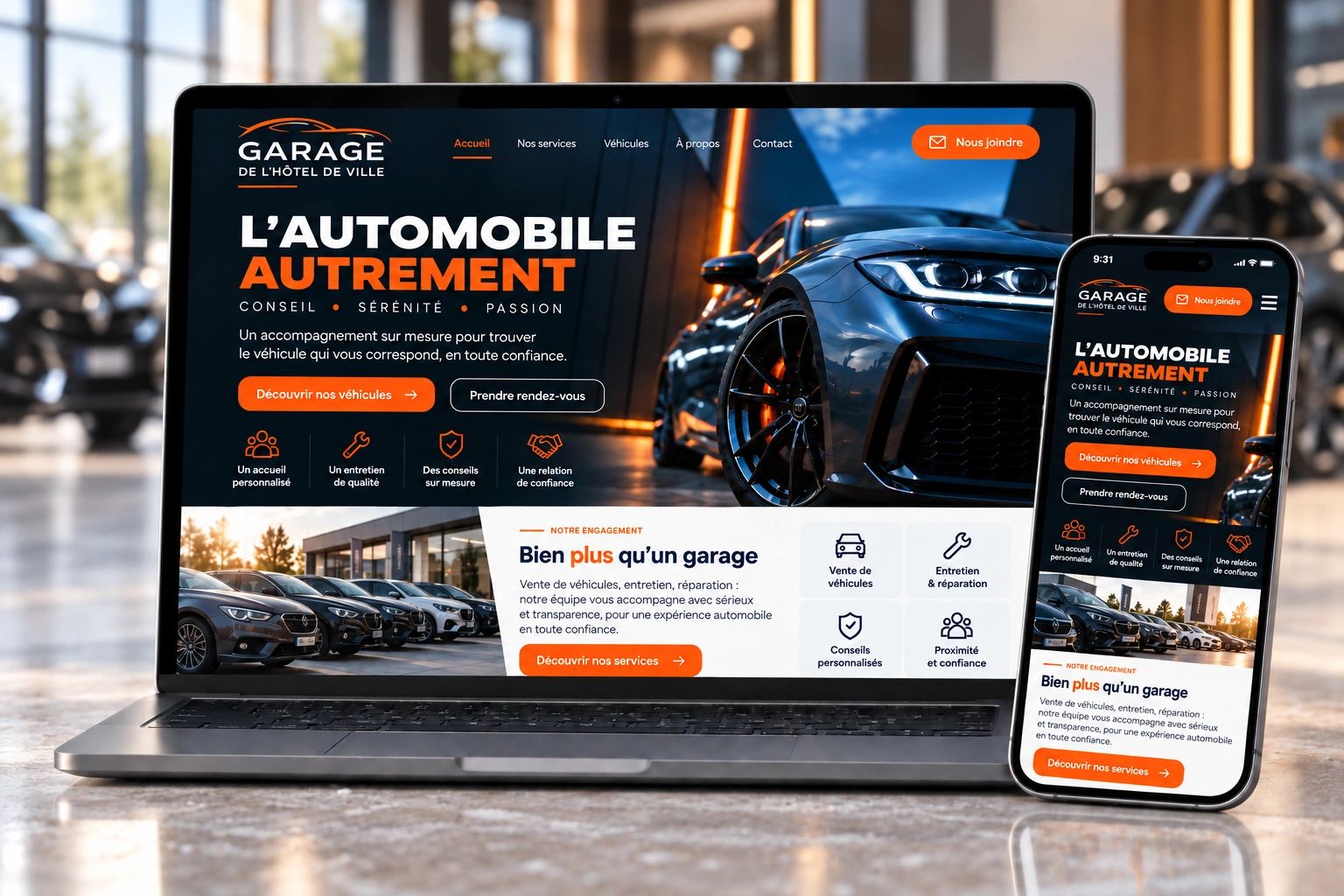 Présentation responsive du site Garage de l’Hôtel de Ville sur ordinateur et smartphone