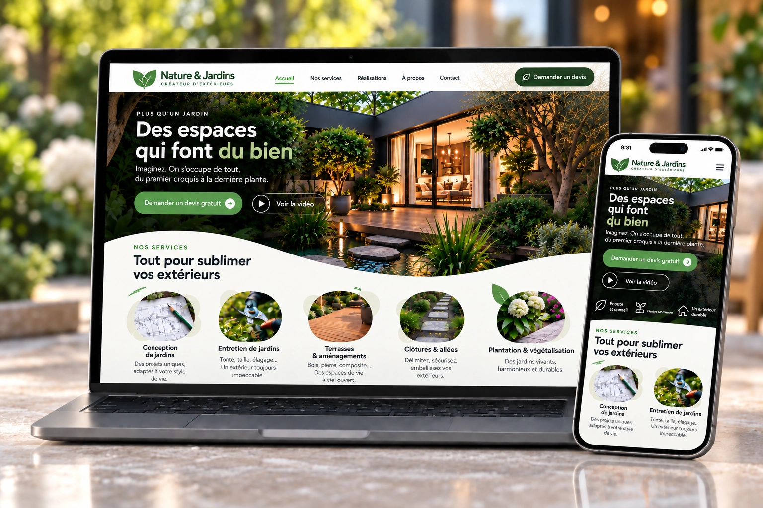 Présentation responsive du site Nature & Jardins sur ordinateur et smartphone